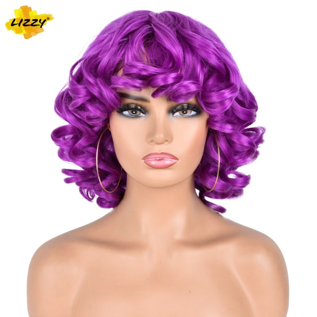 Short Hair Afro Curly Wig With Bangs Loose Synthetic Cosplay Fluffy Shoulder Length Natural Wigs For Black Women Dark Brown 14"