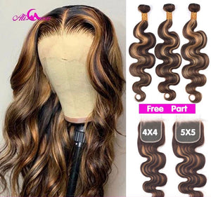 Ali Coco 5x5 Highlight Colored Brazilian Ombre Hair Bundles With Closure P4/30 Remy Body Wave Human Hair Bundles With Closure