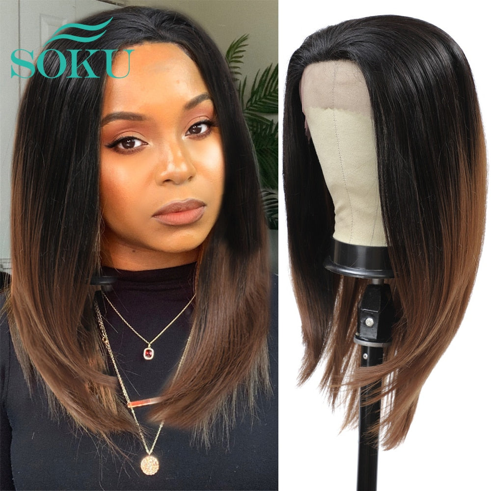 Synthetic Lace Front Wig Ombre Brown Color Yaki Straight Hair SOKU 22 Inches Free Part Wig With Short Baby Hair For Black Women