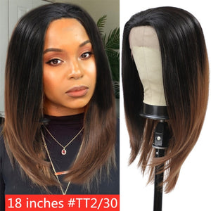 Synthetic Lace Front Wig Ombre Brown Color Yaki Straight Hair SOKU 22 Inches Free Part Wig With Short Baby Hair For Black Women