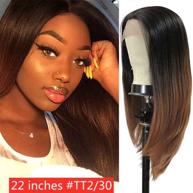 Synthetic Lace Front Wig Ombre Brown Color Yaki Straight Hair SOKU 22 Inches Free Part Wig With Short Baby Hair For Black Women