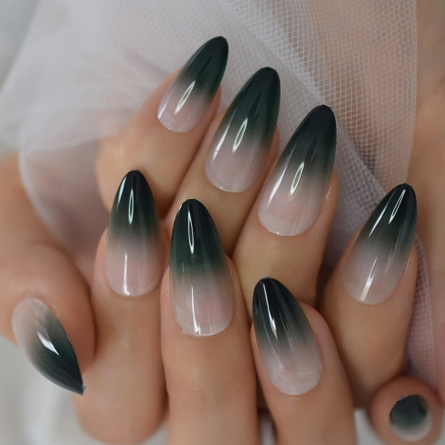 EchiQ Almond Press On Nails Black Ferns Pattern Matte Faux Ongles Beige Leaves Fashion Style Designed Tips 24