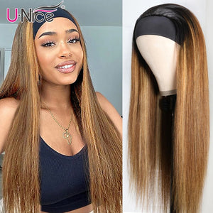 Unice Hair Bone Straight Hair Highlight Wig Headband Wig Human Hair Blonde Brown Straight Human Hair Wigs for Women