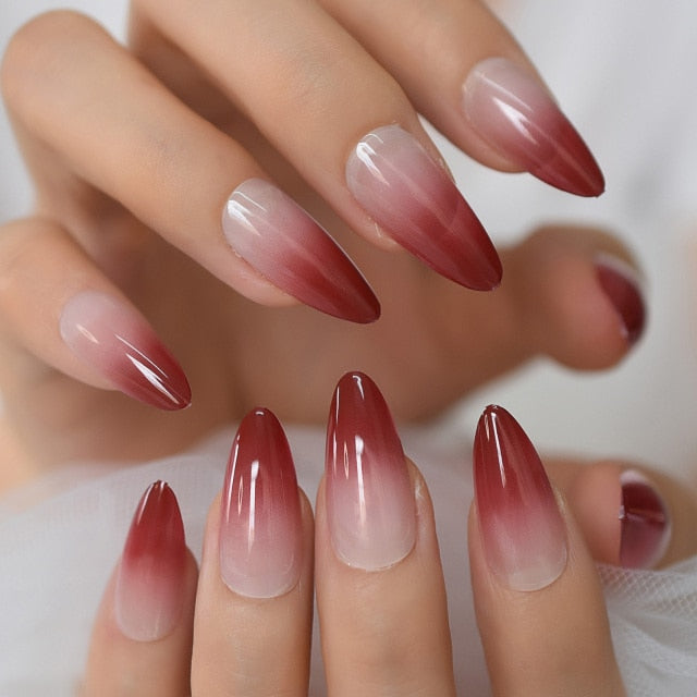 Glossy Ombre French Stilettos Fake Nails Gradient Pink Nude Long Sharp Artificial UV False Salon Party Nail Tips Faux Ongle