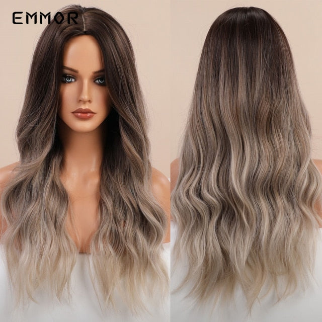 Emmor Long Wavy Ombre Brown with Blonde Synthetic Wigs Natural Hair Wigs for Women Cosplay Wigs Heat Resistant Fiber Hair Wig