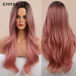 Emmor Long Wavy Ombre Brown with Blonde Synthetic Wigs Natural Hair Wigs for Women Cosplay Wigs Heat Resistant Fiber Hair Wig