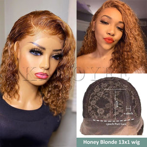 Short Curly Honey Blonde Bob Wig Lace Front Human Hair Wigs For Women #27 Color Brazilian Kinky Curly Lace Closure Frontal Wigs