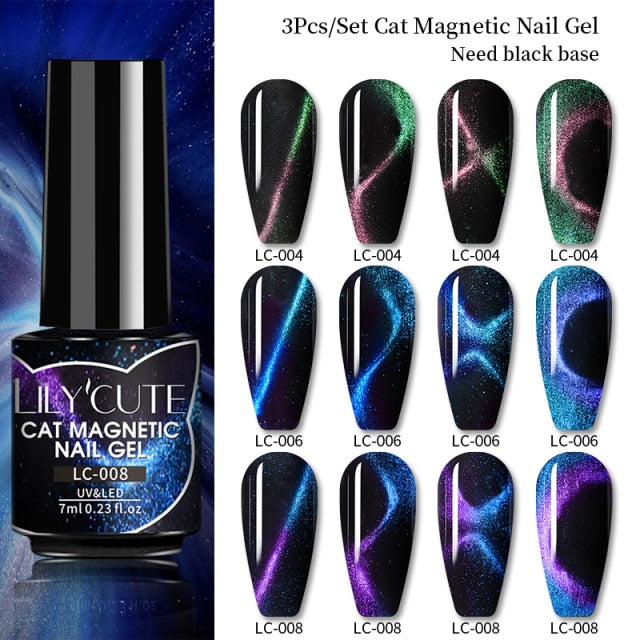 LILYCUTE 7ML 9D Cat Magnetic Gel Polish Set Semi Permanent Soak Off UV LED Glitter Nails Magnet Stick Black Gel Needed